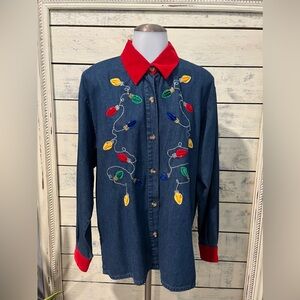 Vintage Rhythm Blue Christmas Embroidered Denim Shirt Size Medium